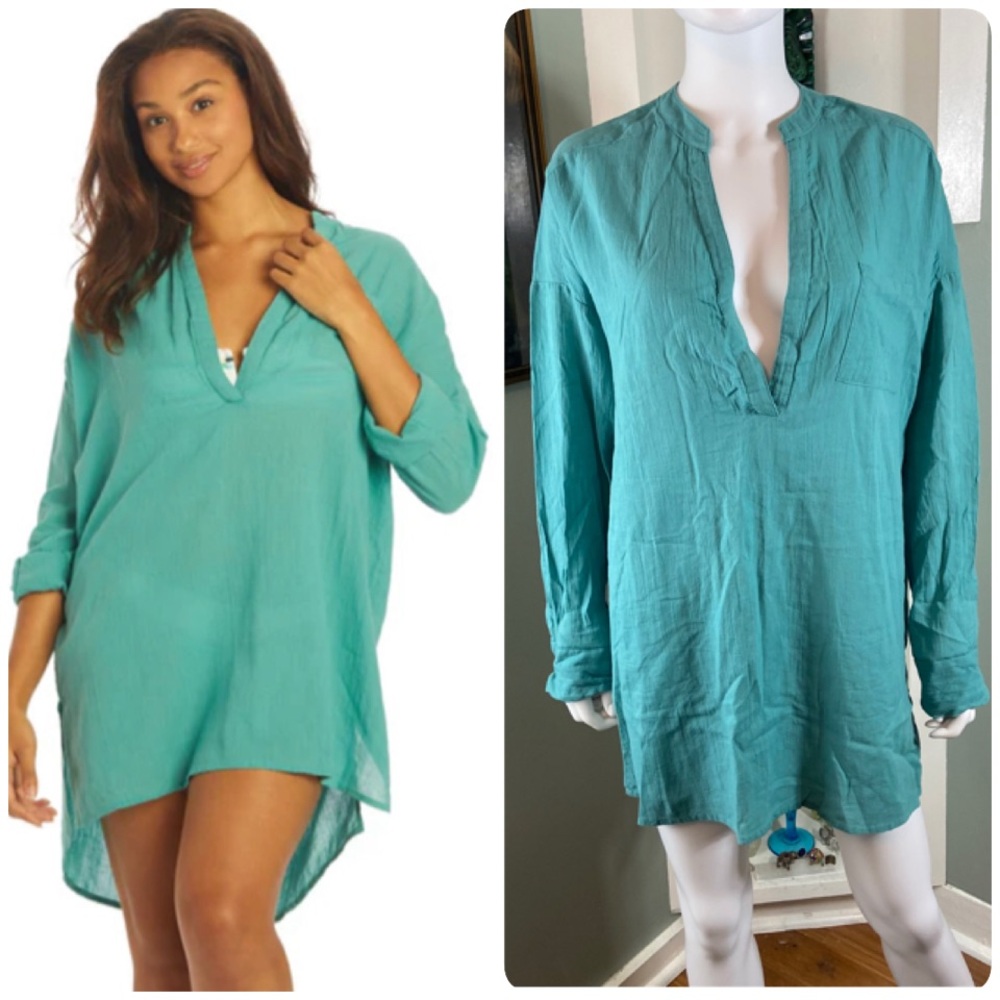 O'Neill Belizin Aqua Tunic Crinkle Swim Beach Pool Coverup Long Sleeve Shirt